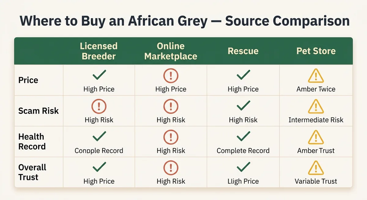 Breeder versus online marketplace versus rescue versus pet store compared across price, scam risk, health record and overall trust